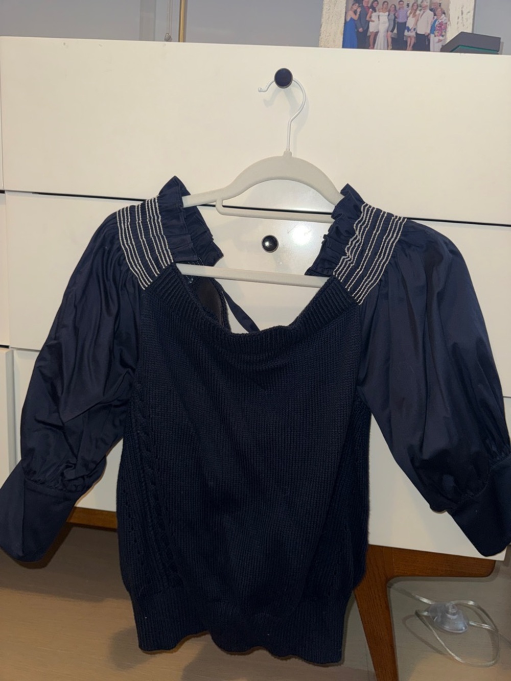 ADEAM Navy Blue Mixed-Media Puff Sleeve Top